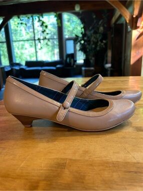 Classic Mary Jane Low Stacked Heel Leather Pumps in Taupe Like New